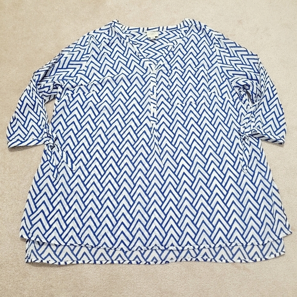 St. John’s Bay 1X Blue White Chevron Print Cotton Tunic Blouse Tie Sleeve Boho - Picture 7 of 13
